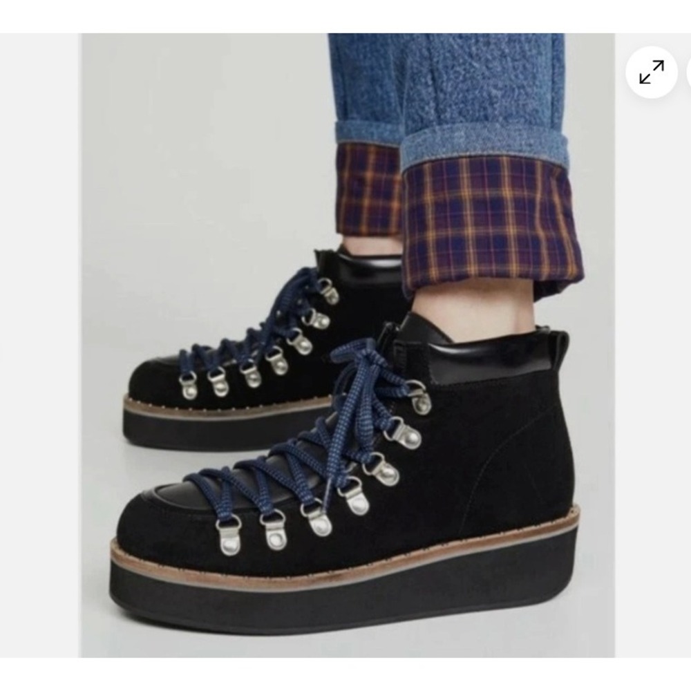 Free People Chunky Platform Hiking Boots Black Suede Leather Womens 38 Excellent